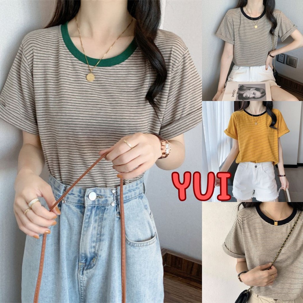 💙YUI💙เสื้อยืดลายทาง คอกลม ใส่สบาย แฟชั่นฤดูร้อน #9305