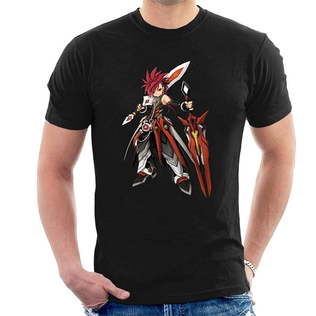 เสื้อยืดสีดำตัวละคร Elsword สไตล์คลาสสิกสำหรับผู้ชาย