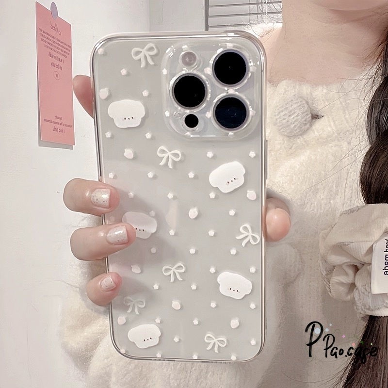 ลูกสุนัขโบว์น่ารักโปร่งใส เข้ากันได้เคสไอโฟน 11 13 15 Pro Max 7 Plus 14 12 Pro Max XS XR X Max 7 15 14 8 Plus SE 2020