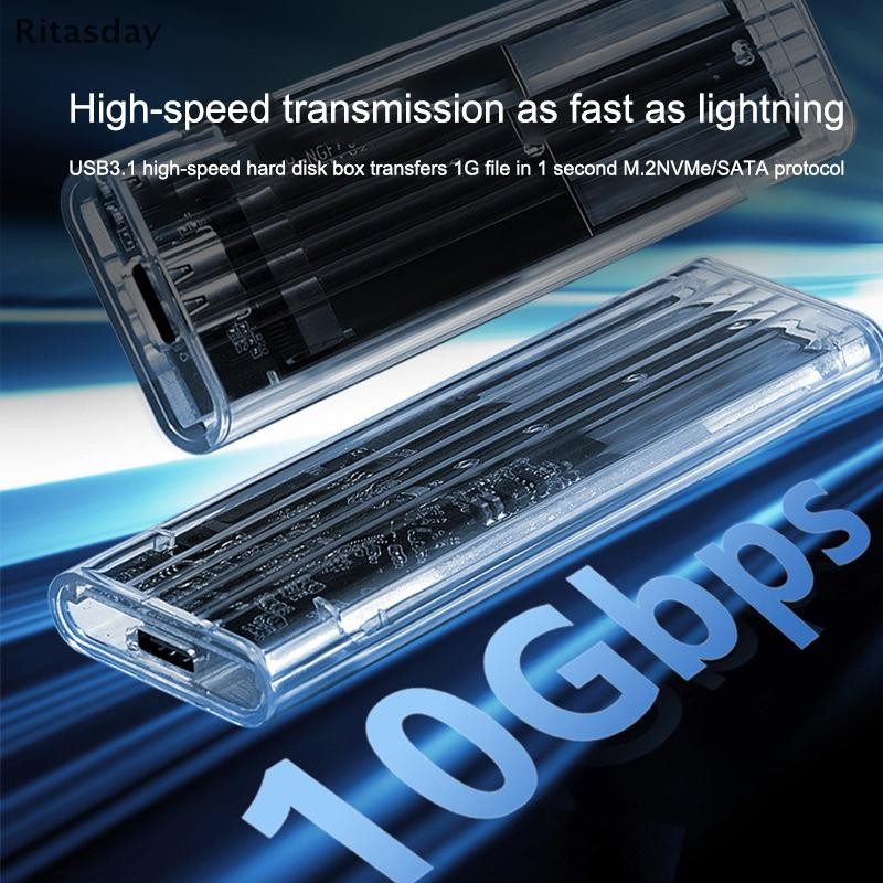 Ritasday M.2 NVME PCIe NGFF SATA Protocol Case Clear USB Type C 10Gbps PCI-E โปร่งใสฮาร์ดดิสก์ภายนอกกล่องสําหรับแล็ปท็อปโทรศัพท์ใหม่