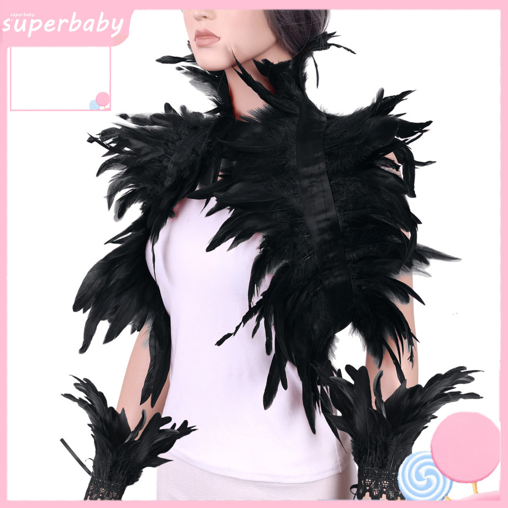 Superbaby Feather Design Shawl Feather Shawl สร้อยข้อมือชุด Feather ผ้าคลุมไหล่สไตล์โกธิคพร้อมแหวนข้อมือฮาโลวีนคอสเพลย์ไหล่ผ้าพันคอ