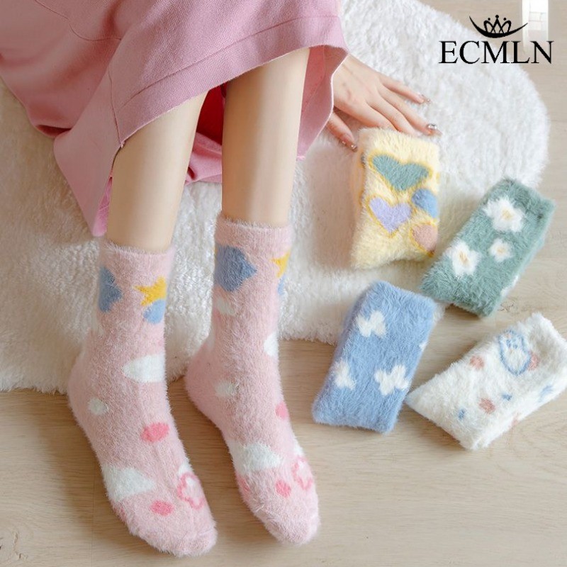 Ecmln ผู้หญิง Mink ขนแกะ Fuzzy ถุงเท้า Fluffy Plush ถุงเท้าอุ่น Sleep Soft Cozy ฤดูหนาวสาวน่ารักถุงเท้าชั้นการ์ตูน