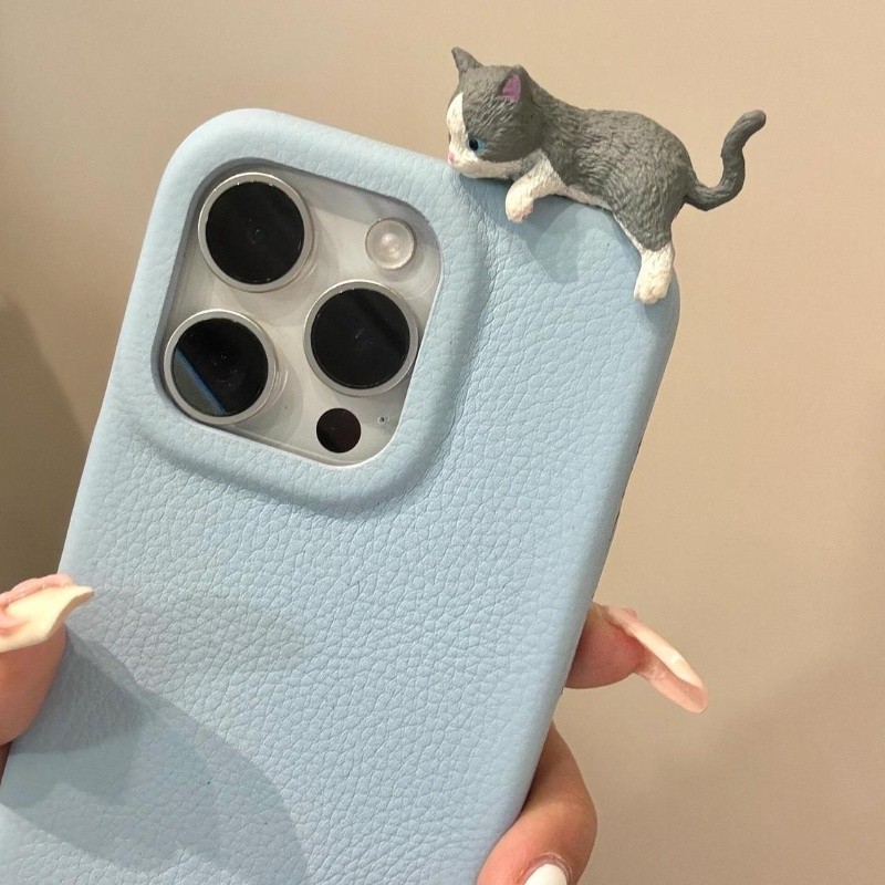 หรูหราหนังพิมพ์ 3D แมวน่ารักซิลิโคนเคสโทรศัพท์สําหรับ iPhone16 Pro Max 15 14 13 12 11 Pro Max ปลอกกันกระแทกป้องกันกล้องนุ่มปกหลัง