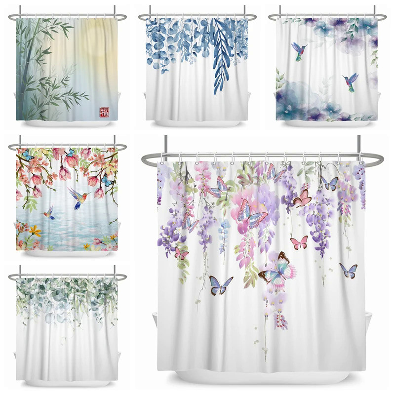 Green Leaves Plant Flower Butterfly Shower Curtain Wild Animal Waterproof Fabric Bath Curtain Bathro