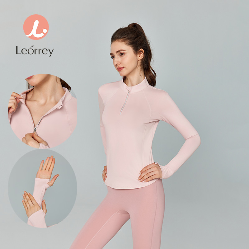 Leorrey-โยคะ เสื้อแขนยาวครึ่งซิปกีฬา เน้นรอบเอว เสื้อวิ่งออกกำลังกาย