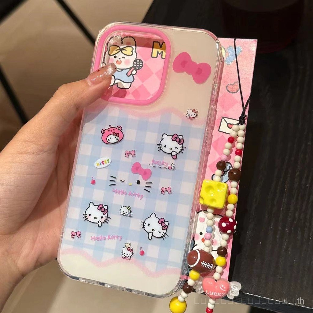 สีชมพูโบว์การ์ตูน KT Cat เหมาะสำหรับ15เคสมือถือที่เข้ากันได้กับ Apple 16PROMAX iphone13ใหม่12รูใหญ่ป้องกัน