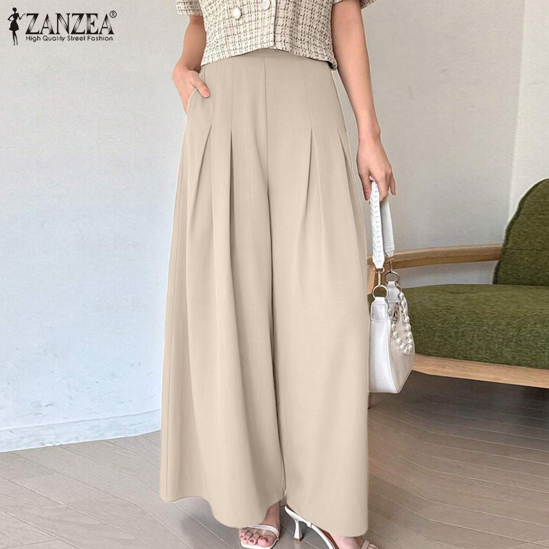 ZANZEA ใส่ ซานเซีย ผู้หญิงเกาหลีสบายๆเอวสูงหลวมกางเกงขากว้างสีธรรมดา — صورة 6