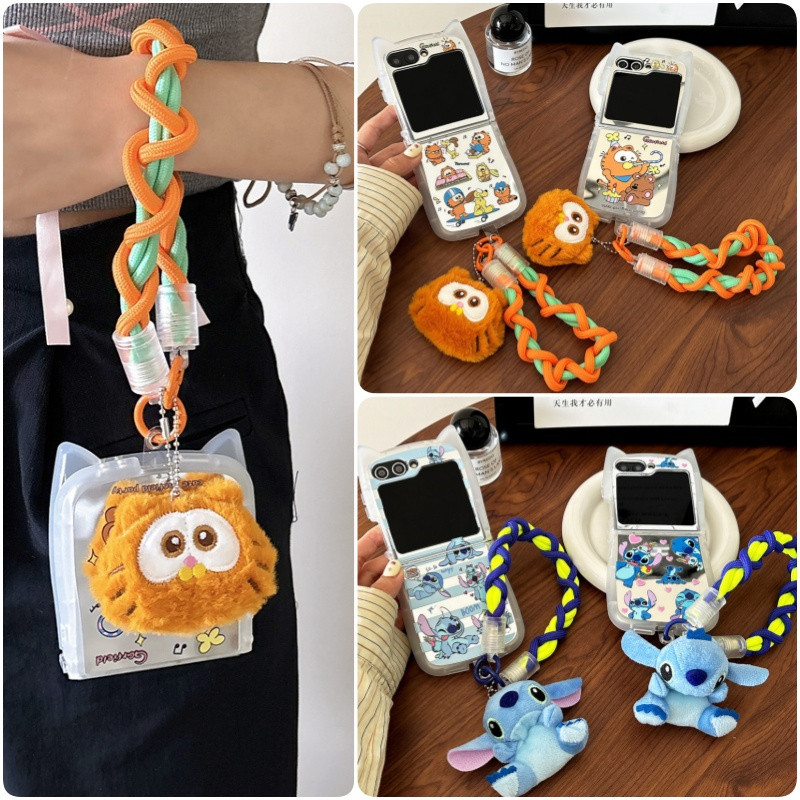 หูแมวน่ารัก Mirro Soft Case Samsung Galaxy Z Flip 6 Z Flip 5 Z Flip 4 Z Flip 3 Casing with Lanyard Pendant Link Buckle กันกระแทก Z Flip6 Flip5