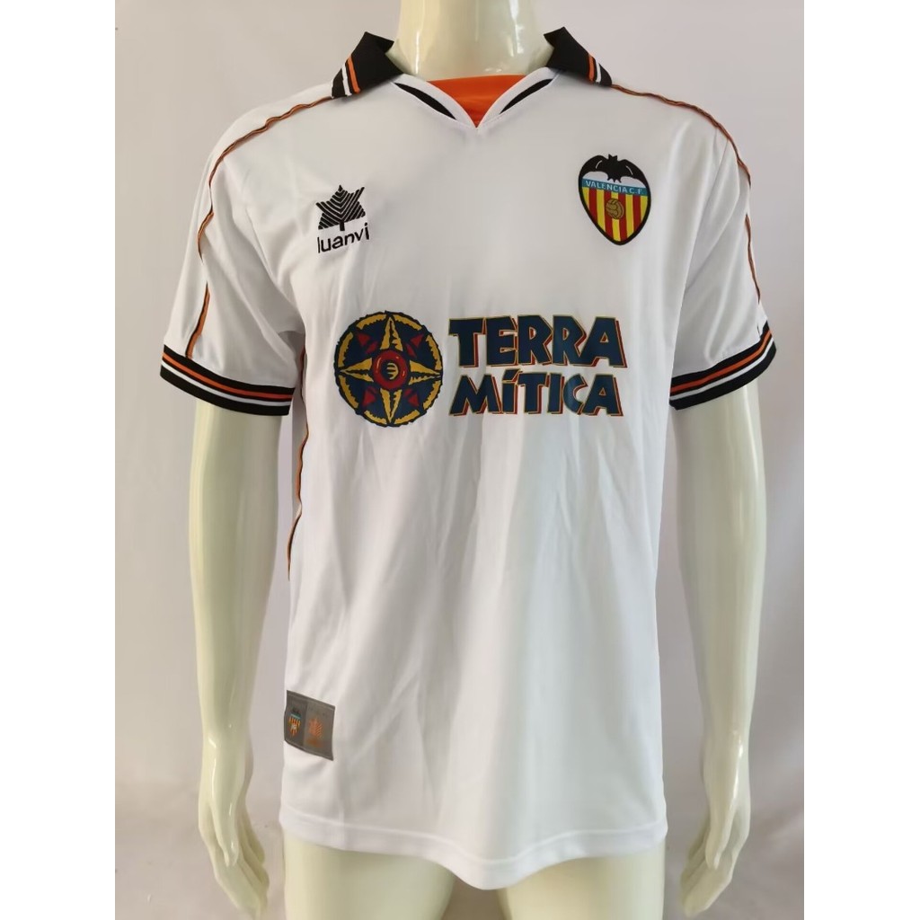 99-00 Valencia Home Vintage Jersey S-XXL ผู้ใหญ่แขนสั้นแห้งเร็วกีฬาฟุตบอลด้านบน AAA