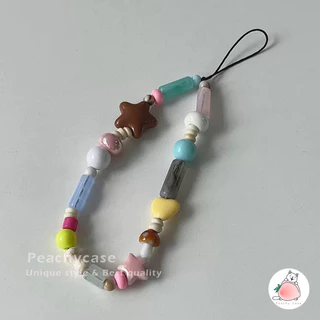 ดาวที่มีสีสันรูปหัวใจลูกปัดโซ่โทรศัพท์มือถือโทรศัพท์เสน่ห์สายคล้องพวงกุญแจสร้อยข้อมือป้องกันการสูญหายเชือกเส้นเล็กกล้องเสน่ห์โซ่ตกแ