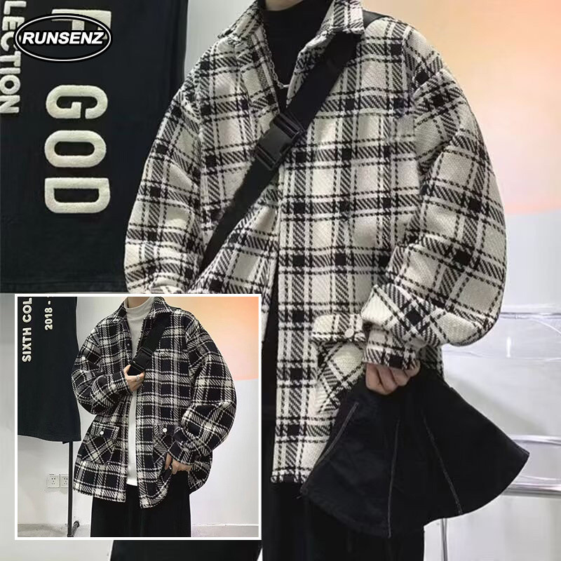 ม-5เอ็กแอล เกาหลีสไตล์ขี้เกียจลายสก๊อตแจ็คเก็ตผู้ชายระดับไฮเอนด์สบายๆหลวมเสื้อแขนยาวขนาดบวก