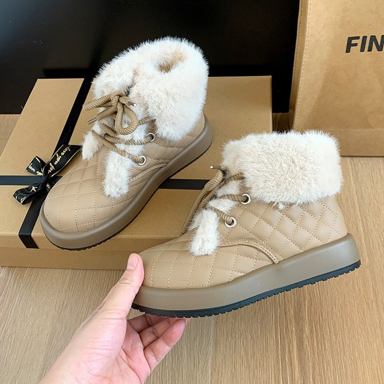 รองเท้าบูทผู้หญิงแฟชั่นเกาหลีรอบนิ้วเท้าแบนผูกเชือกท่อสั้นบวกกำมะหยี่รองเท้าหิมะที่อบอุ่นขนาด35-40 - รูปที่ 3
