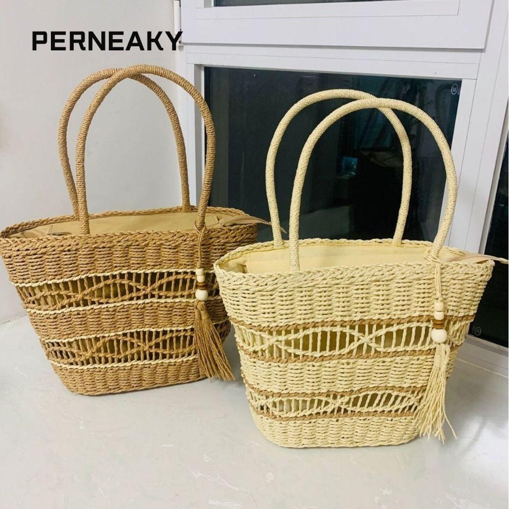 กระเป๋าสะพายไหล่ PERNEAKY, กระเป๋าผ้าช้อปปิ้งความจุขนาดใหญ่ทอ, กระเป๋าถือทอช้อปปิ้งถักกลวงผู้หญิง