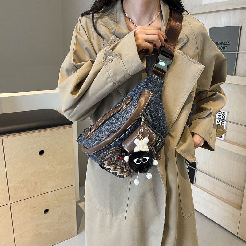 ฟรีจี้ Retro Denim กระเป๋าคาดหน้าอกซิปแฟชั่นกระเป๋ารถจักรยานยนต์ปักกระเป๋า Messenger ความจุขนาดใหญ่ Du