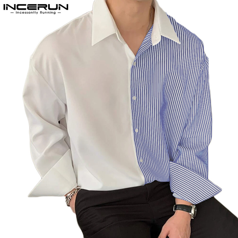 Incerun ผู้ชายเกาหลีลําลองเปิดลงคอปกแขนยาวลาย Patchwork เสื้อ