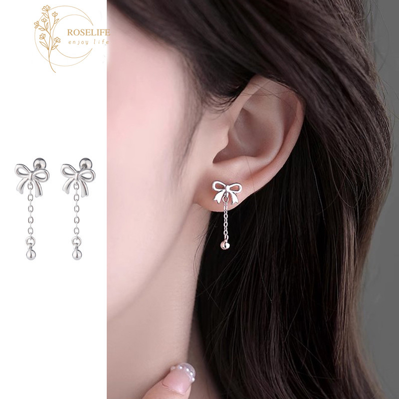 Roselife 2 ชิ้น S925 เงินพู่โซ่โบว์สกรูต่างหูผู้หญิงทุกวันสวมใส่ Bowknot ยาวหูเครื่องประดับ