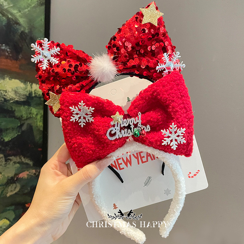christmas คริสมาสต์ คริสมาส ที่คาดผมคริสมาสต์ ที่คาดผมคริสต์มาส โบว์คาดศีรษะสีแดงสำหรับวันคริสต์มาส กิ๊บรูปแบบสามมิติกับเลื่อม