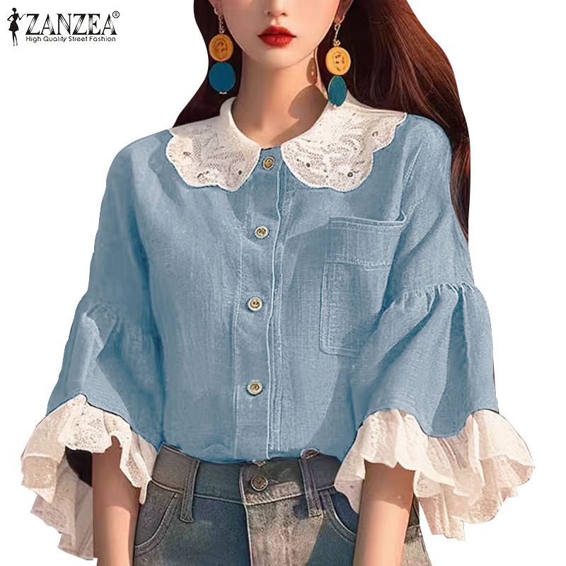 ZANZEA ใส่ ซานเซีย ผู้หญิงเกาหลีลําลองตุ๊กตาปกแขนสามในสี่เสื้อเย็บปะติดปะต่อกัน
