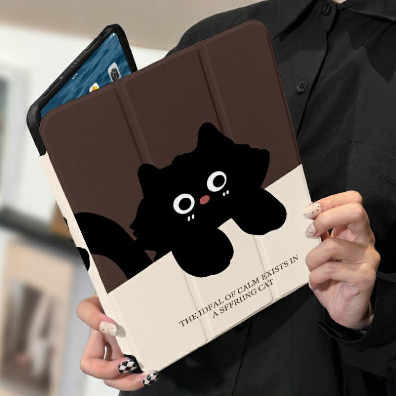 720° เคส iPad หมุนได้พร้อมช่องเสียบปากกาการ์ตูนน่ารักแมวดําอะคริลิค Backboard Pro11 Gen10 Gen9 Gen8 Gen7 10.2 นิ้ว Gen6 Gen5 Air6 Air5 Air4 Air3 Air2 ฝาครอบ iPad หมุนได้