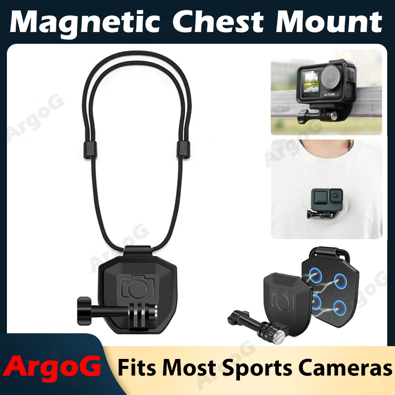 ArgoG ขายึดอกแม่เหล็กพร้อมสายคล้องคอ ติดตั้งรอบ 360° สำหรับกล้องแอคชั่น ส่วนตัว POV Selfie Holder