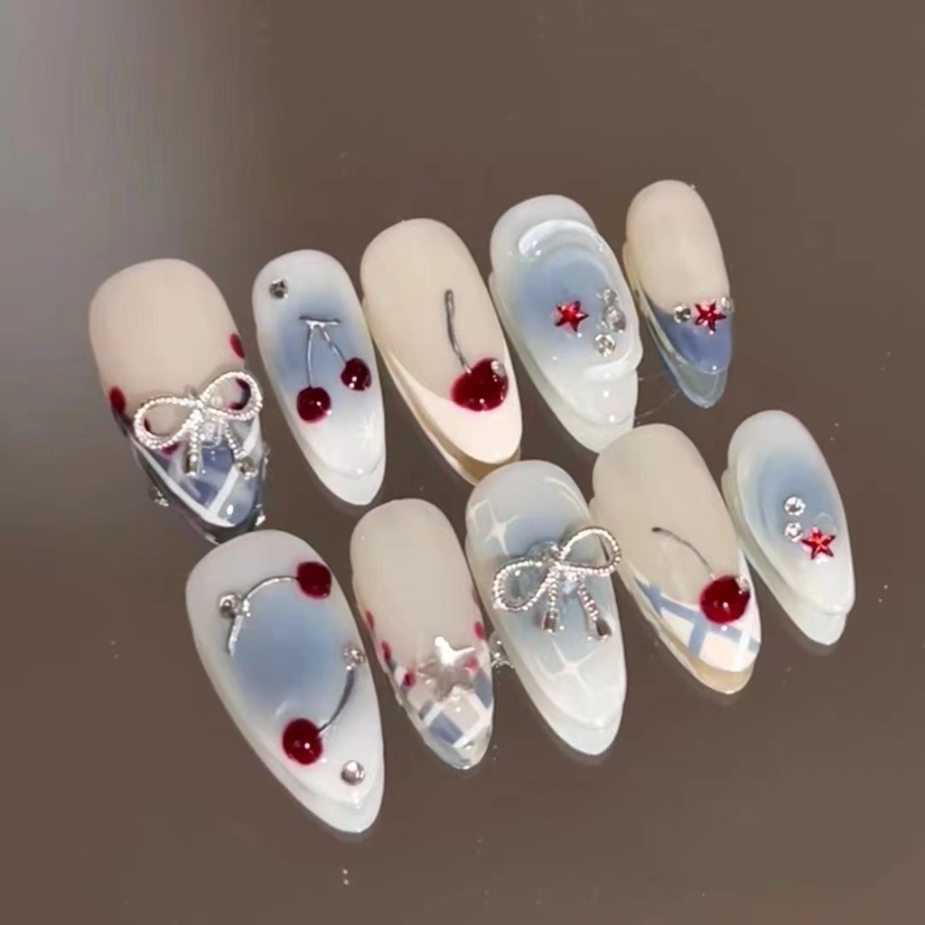 Handmade Almond Shape ฤดูร้อน ICE CLEAR สดสาวหวานเชอร์รี่เล็บปลอมชุดกาว weetheart spicy Girl กดบนเล็บอัลมอนด์ Skin TONE เล็บปลอม