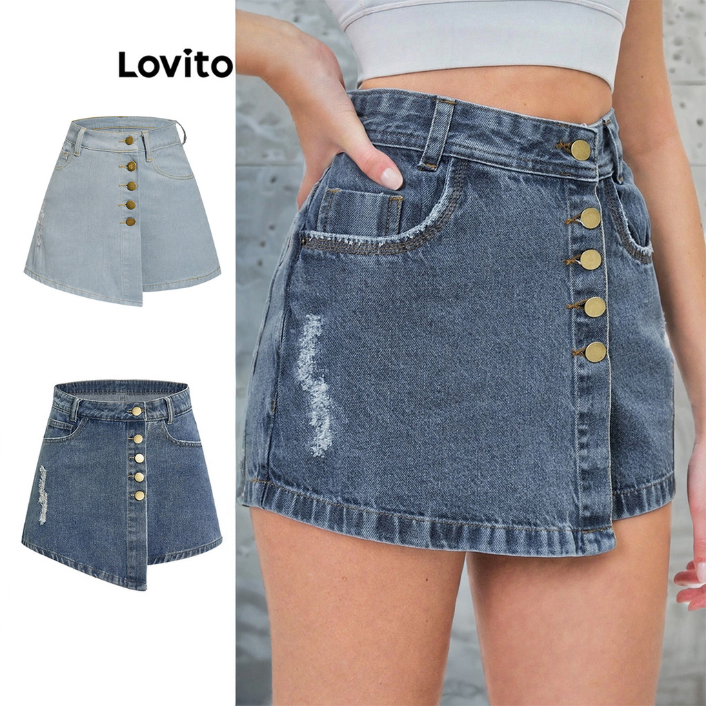 Lovito กางเกงขาสั้น กางเกงเดนิม สีฟอก ลำลอง สีพื้น สำหรับสตรี LBL05230 (สีฟ้า)