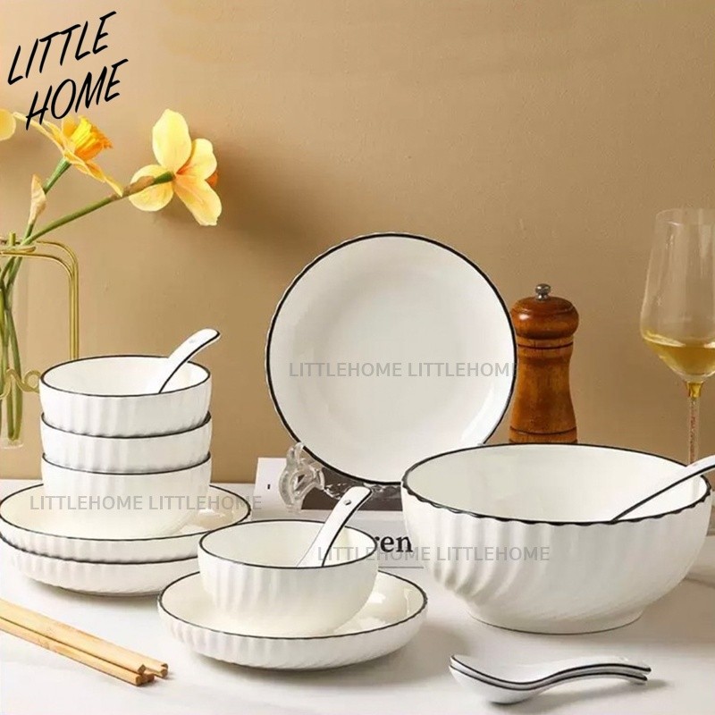 LITTLEHOME จาน ชาม ถ้วย เซรามิค เข้าไมโครเวฟได้ ลายริ้ว มีให้เลือกหลายขนาด