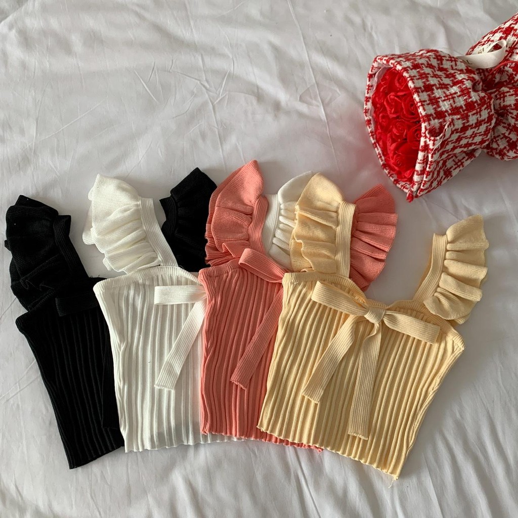 Anna เสื้อไหมพรมตัวสั้นแต่งโบว์หวานๆสไตล์เกาหลีผ้าใส่สบาย-พร้อมส่ง- #82148