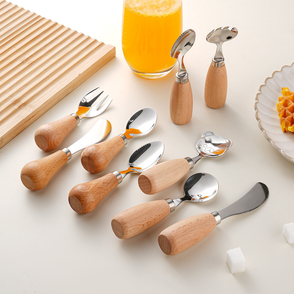 OUKEAI Standable ไม้ Handle เด็กบนโต๊ะอาหาร 304 สแตนเลสเสริมอาหารช้อนเด็ก Scraper Mud ช้อนมินิสั้นมีดช้อนส้อม