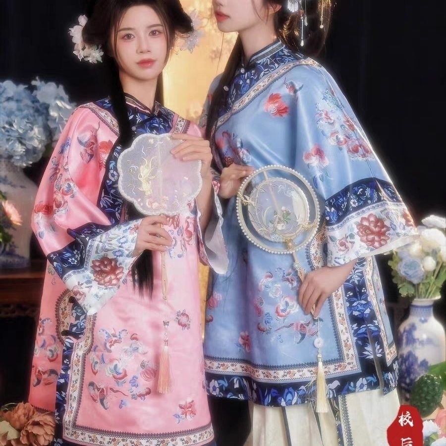 Qing Han นางสนม Hanfu Palace Qing Dynasty Checkered Heavy Industry พิมพ์ผู้หญิง Late Qing ชุด Qingyi