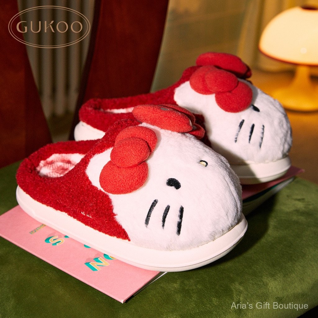 [Aria] Gukoo x Hello Kitty รองเท้าแตะสำหรับ 여성 ออกแบบน่ารัก อันตี้สไลด์ ยอดนิยมในฤดูหนาว