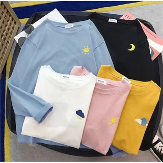 🌿SHOP MKL เสื้อยืดคอกลม แขนยาว ลายปัก Day & Night ผ้านุ่มใส่สบาย เสื้อลำลองแฟชั่น#9962