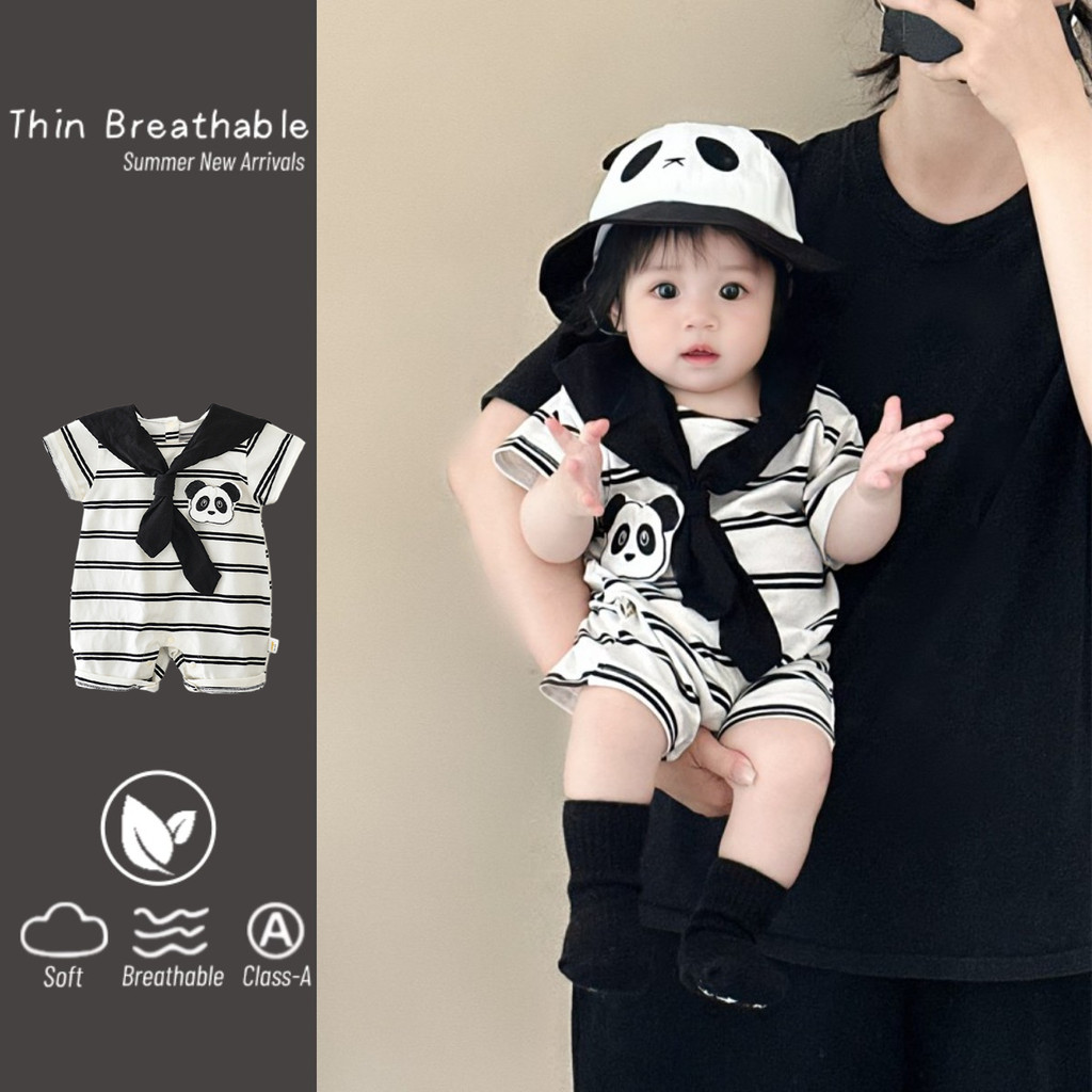 ชุดบอดี้สูทแขนสั้นแบบโรแมนเปอร์สไตล์ทหารสำหรับเด็กอายุ 0-24 เดือน ออกแบบลายการ์ตูนแพนด้า ใส่งานประจำวันหรือออกจากบ้าน