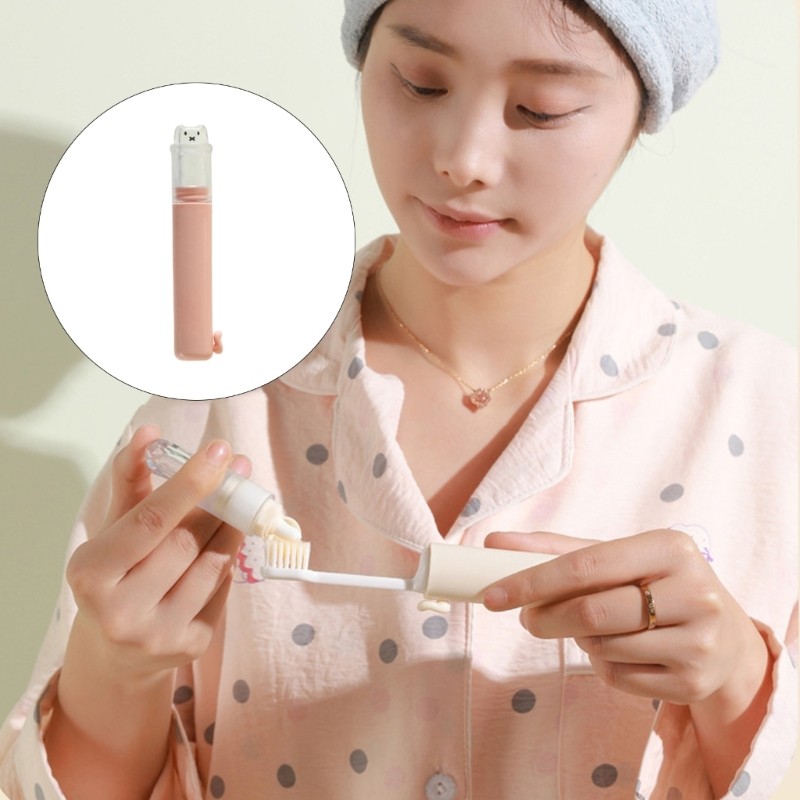 smile* Travel แบบพกพา 2 In 1 แปรงสีฟันในตัวเครื่องจ่ายยาสีฟัน Leakproof Seal Reusable Dental Care Hy