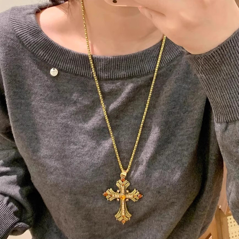 COD-ในไทย💖สร้อยคอไม้กางเขน Rhinestone สีทองสไตล์พังก์ โซ่สเวตเตอร์ยาวสไตล์วินเทจ โซ่ไหปลาร้า-Kri