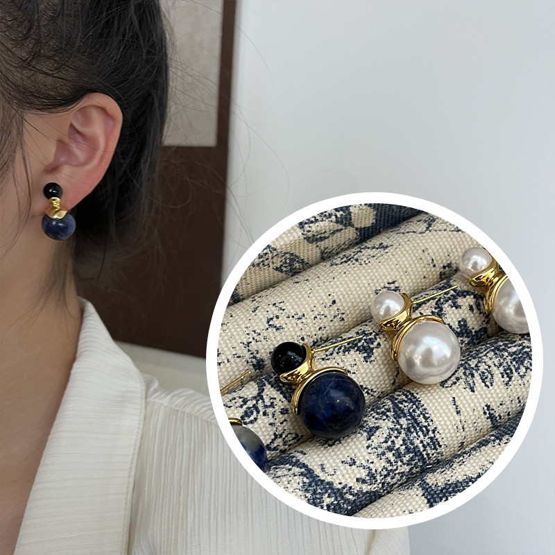 ต่างหูลูกปัด Lapiz Lazuli ดีไซน์เรโทรสำหรับ 여성