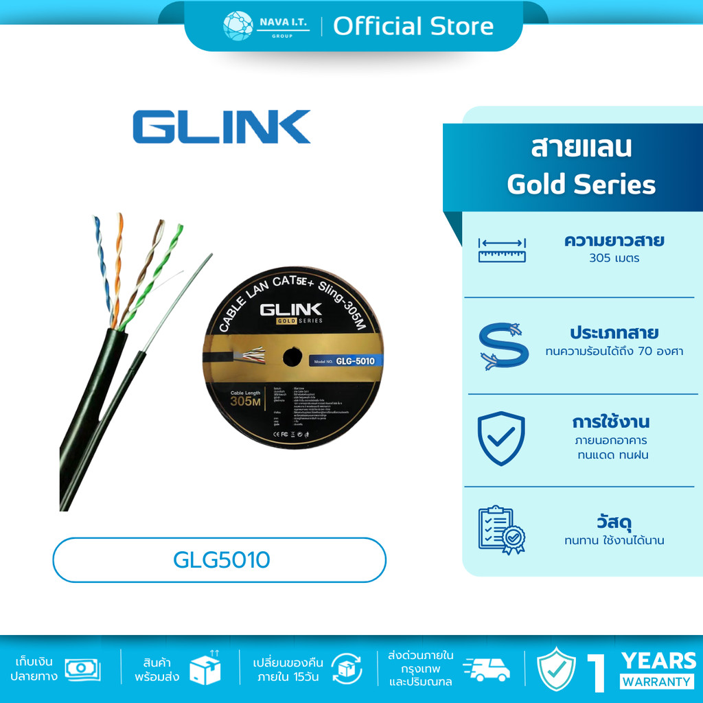 🛵มีส่งด่วน💨 GLINK GLG5010 OUTDOOR CABLE + SLING สายแลนภายนอกมีสายสลิง CAT5E GOLD SERIES ความยาว305เม
