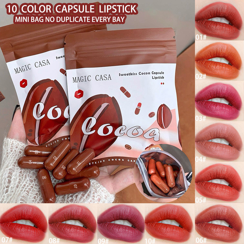 MAGIC CASA 10 สีแคปซูลลิปสติกชุด Mini Matte ติดทนนาน Non Transfer Natural Nude ลิปสติก