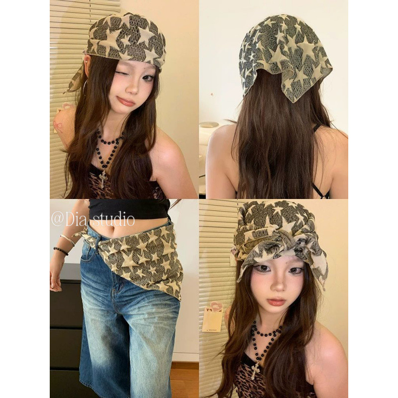 Star Headscarf Female Street Fashion Hip-Hop Multifunctional Triangle Scarf Hot Girl Silk Scarf