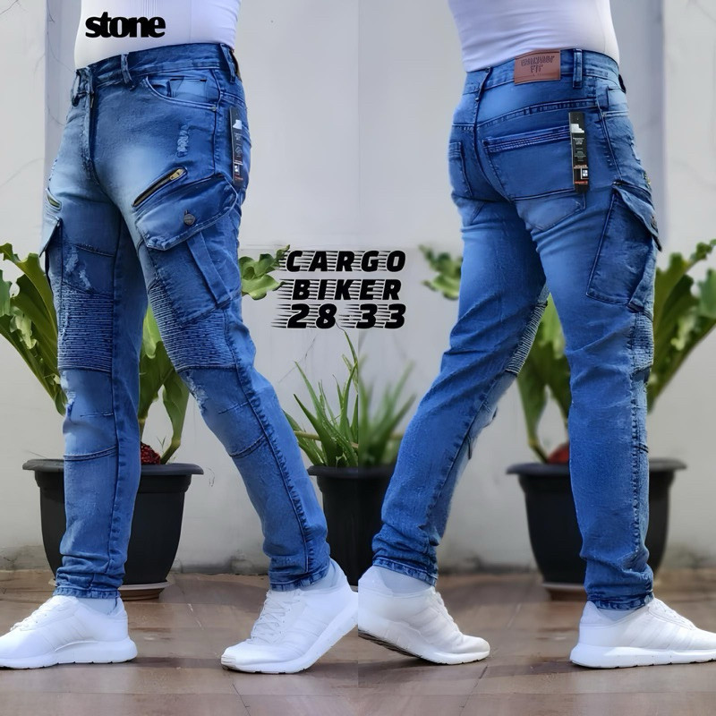 กางเกงยีนส์คาร์โก้ผู้ชาย Biker Slimfit กางเกงพรีเมี่ยม