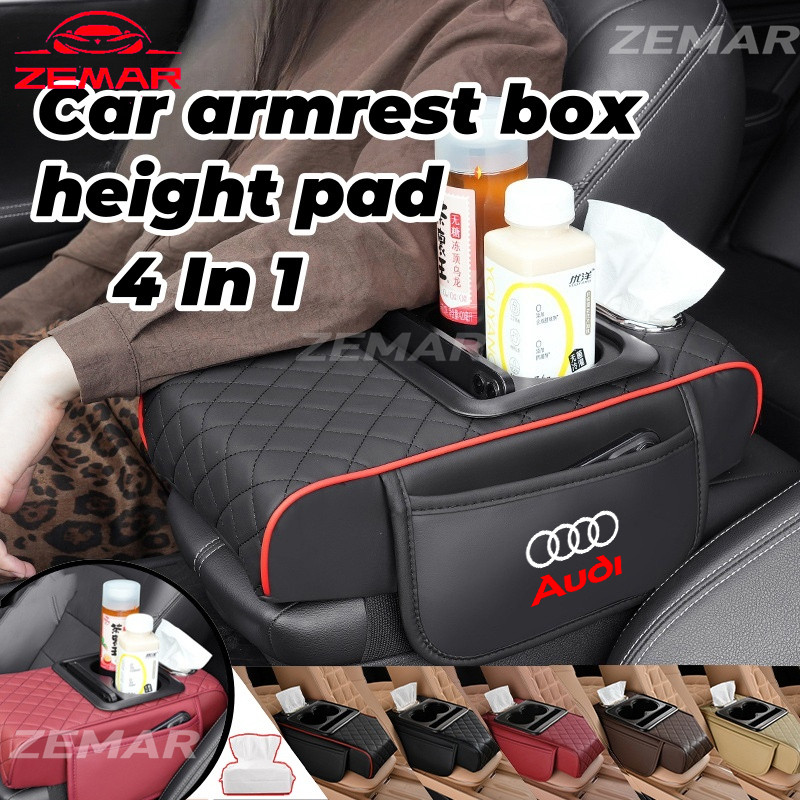 Audi แผ่นป้องกันแขนรถยนต์หนัง 4 ใน 1 แผ่นป้องกันแขนคอนโซลศูนย์กลาง แผ่นเพิ่มความสูง การเก็บเนื้อเยื่