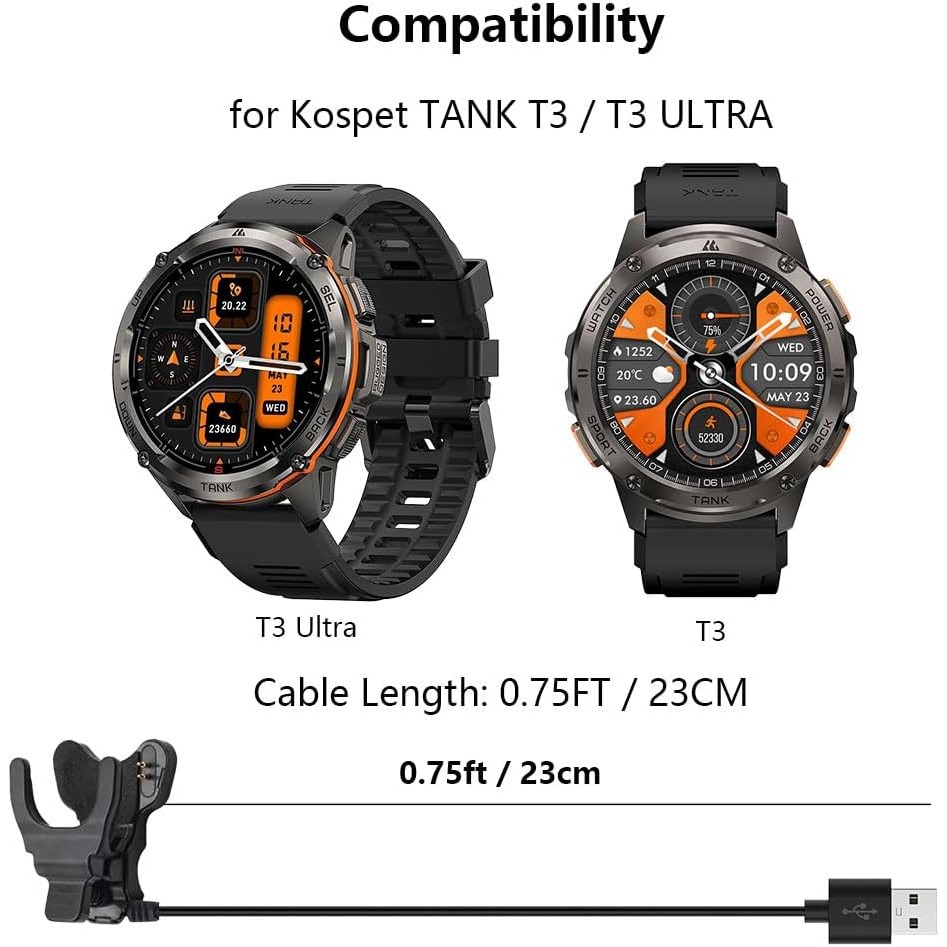 [2 แพ็ค] เครื่องชาร์จเข้ากันได้กับ Kosspet Tank T3 / T3 Ultra, 0.75FT Smart Watch Replacement สายชาร