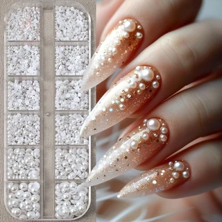 [maybeauty] 12 ตารางผสมด้านล่างแบนมุกครึ่งรอบ Rhinestones 3D ตกแต่งเล็บเครื่องประดับเล็บ Charm แต่งเล็บ {TH}