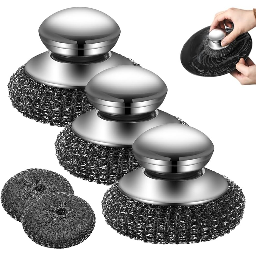 ที่ขัดหม้อสแตนเลสพร้อมด้าม Steel Wool Scrubber มีแผ่นเปลี่ยน สำหรับหม้อ เตา และงานครัว
