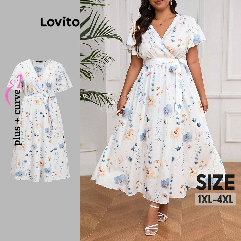 Lovito ชุดเดรสทรงโค้งไซส์ใหญ่ โบฮีเมียนชุดเดรสลายดอกไม้ผูกเชือกสําหรับผู้หญิง LBL18750