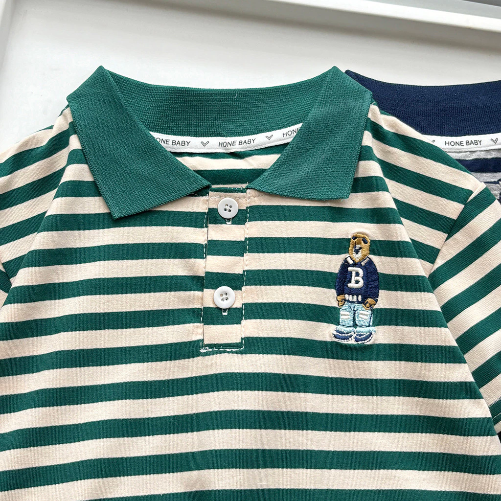 เสื้อโปโล เสื้อยืดลายทาง สำหรับเด็กชาย ปักลายหมี  สีเขียว สีน้ำเงิน เนื้ิอผ้านิ่ม ระบายอากาศได้ดี พร้อมส่ง thumbnail 9