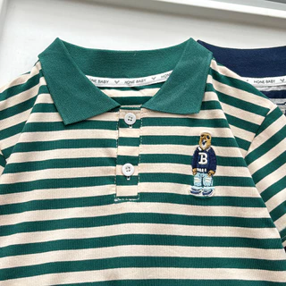 เสื้อโปโล เสื้อยืดลายทาง สำหรับเด็กชาย ปักลายหมี สีเขียว สีน้ำเงิน เนื้ิอผ้านิ่ม ระบายอากาศได้ดี พร้อมส่ง