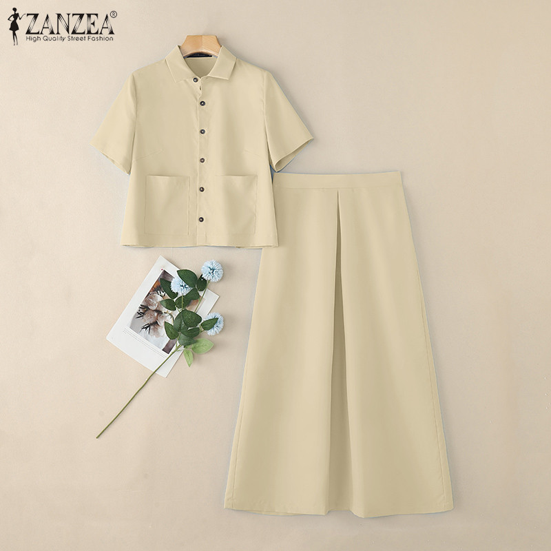 ชุดลำลอง ZANZEA กระโปรงเอวยืดแบบ A-line กับเสื้อเชิ้ตแขนสั้นปักลาย