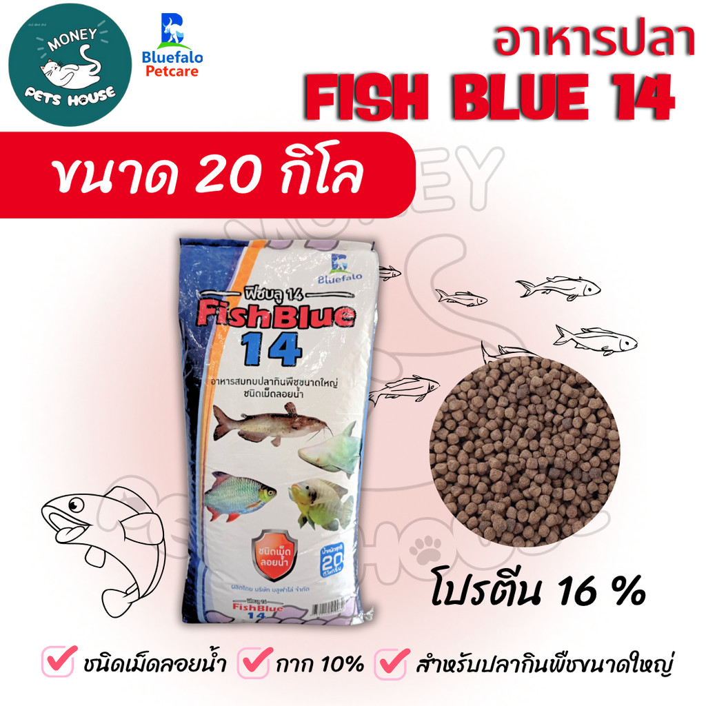 { ขนาด 20 กิโล (n) }  FISH BLUE 14 อาหารปลากินพืชขนาดใหญ่ ชนิดเม็ดลอยน้ำ โปรตีน 16%   . #FB01