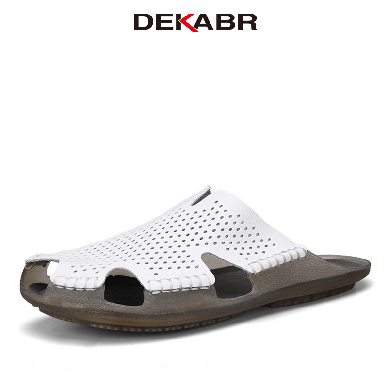 DEKABR รองเท้าแตะหนังสไตล์มินิมอลชายหาดฤดูร้อนผู้ชาย Hollow Hand-Sewn ลื่น PVC Sole ธุรกิจ Casual Office Ready